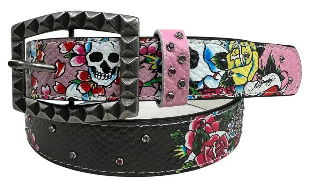 Ed Hardy Women's Rhinestone Skull Printed Dark Pink/Brown Belt